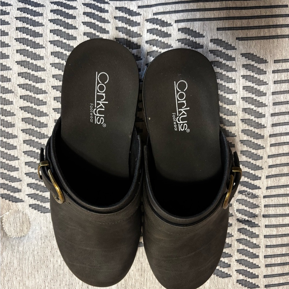 Corkys Black Buckle Slip-Ons
